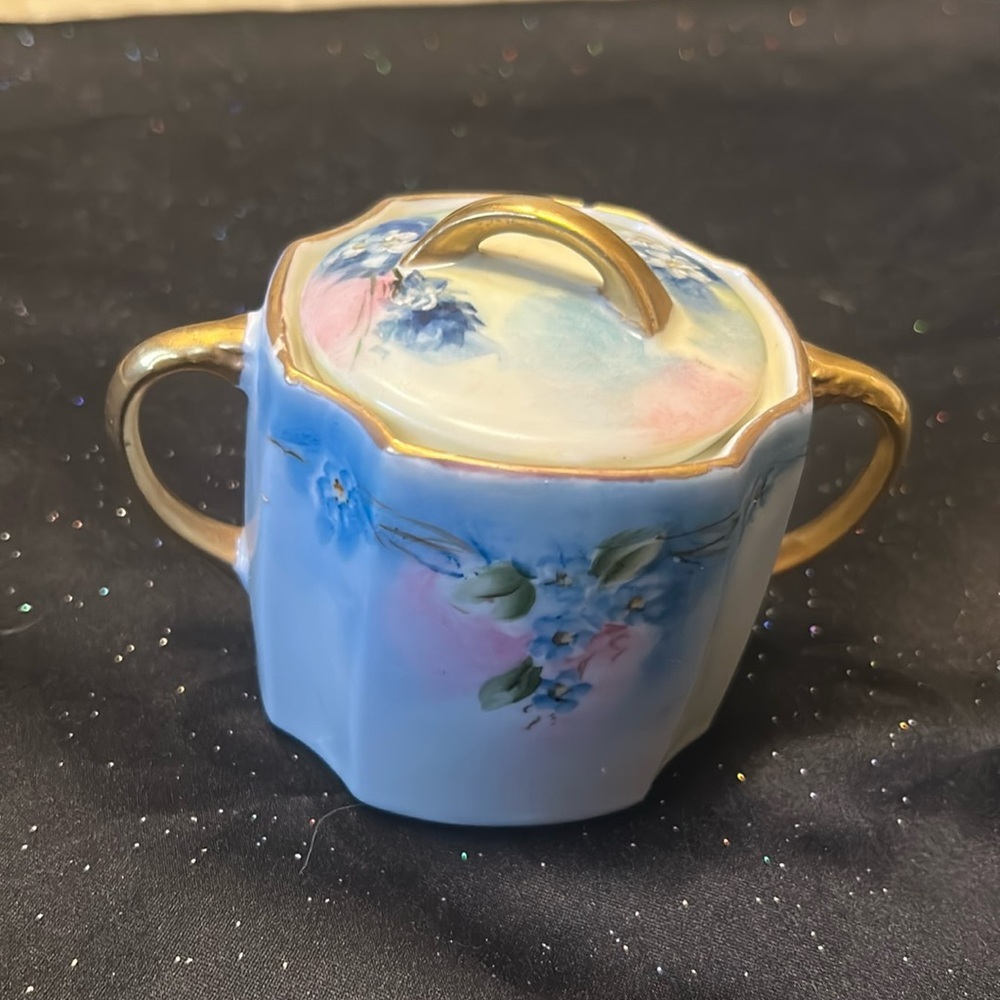 Elegant Vintage Blue and Pink Ceramic Sugar Bowl